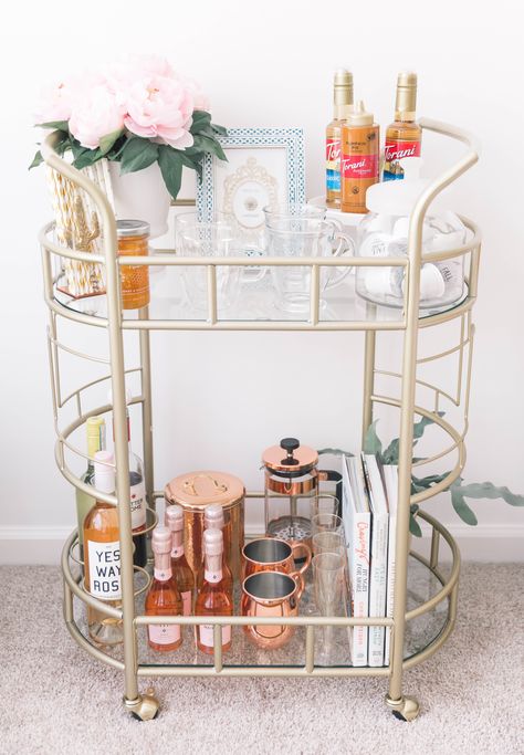 bar cart styling | bar cart ideas | affordable bar carts under $100 | bar cart decor | bar cart decor ideas | mule mugs | bar cart essentials | tiered bar cart | gold bar cart | rolling bar cart | bar cart on wheels | bar cart ideas | #barcart #barcartstyling #barcartideas #homedecor Bar Cart Styling Feminine, Coffee Cart Styling, Coffee And Wine Cart Ideas, Bar Cart Corner Ideas, Bar Cart Amazon, Bad Cart, Bar Cart Coffee Station, Wine Cart Ideas, Two Tier Bar Cart