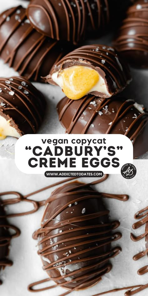 homemade creme eggs. Vegan Easter Eggs, Vegan Easter Dessert, Vegan Easter Treats, Easter Brunch Dessert, Healthy Easter Treats, Vegan Tart, Easter Rice Krispie Treats, Creme Filling, Vegan Easter Recipes