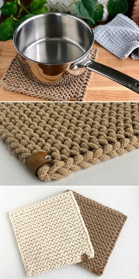 Easy Knit Coasters, How To Knit A Pot Holder, Crochet Patterns With Macrame Cord, Trivet Knitting Pattern, Macrame Cord Trivet, Knitting With Macrame Cord, Pot Holder Knitting Pattern Free, Knitted Trivet Patterns, Macrame Pot Holder Hot Pads