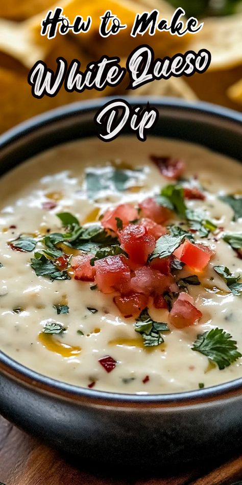 WHITE QUESO DIP 54th Street Queso Dip, White Queso Nachos, Game Day Queso Dip, Top Golf Queso Recipe, Best Queso Dip Recipe, Quest Blanco Dip, Caso Dip Recipe, Queso Blanco Dip Crockpot, Cowboy Queso Dip Crockpot