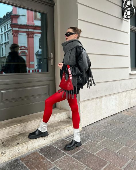 stylist / fashion influencer / content creator ugc / стиліст | The story of one scarf and the pair of red tights❤️💋 | Instagram Red Stockings Outfit, Red Tights Outfit, Red Pantyhose, Stockings Outfit, Red Tights, Red Stockings, Pop Of Red, Winter 23, Black Platform Boots