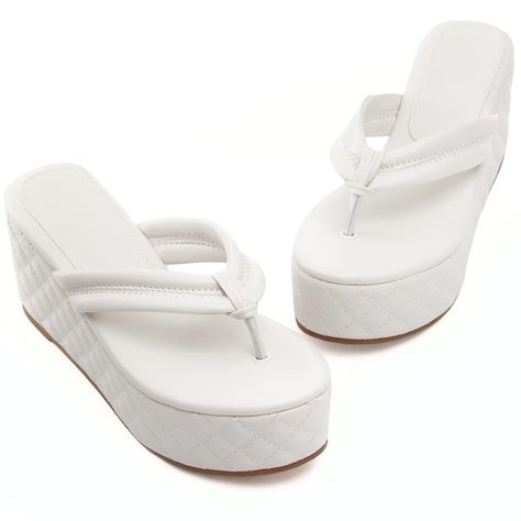 PRICES MAY VARY. ➤HEIGHT: The platform measures approximately 3.5 inches. ➤DESIGN: The slip-on high platform wedges is covered in a quilted pattern and wide upper straps, which are stitched to create a trendy puffy look and feeling for you. Available in 4 colors, you can choose any pair of shoes you like best. Let these flip flop sandals bring you summer fun. ➤FEATURES: These chic wedge slides sandals are composed of high quality material, eco-friendly fuax leather, round open toe, wide upper st White Beach Sandals, Sheep Outfit, Flip Flop Wedges, Sandals Y2k, White Platforms, Shoes Png, Wedge Slides, Cute Flip Flops, White Flip Flops