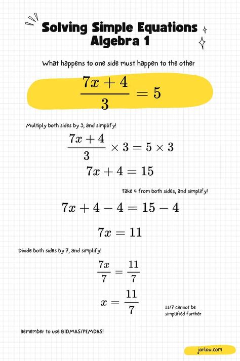 Solving Simple Equations - Intro to algebra (Algebra 1) FREE WORKSHEET Algebra 1 Notes, Algebraic Expressions Worksheet, Algebra Equations Worksheets, Algebra Notes, Simple Equations, Algebra Help, Algebraic Equations, Equations Worksheets, Algebra Formulas