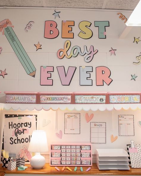 BEFORE and AFTER… Swipe right for the transformation! Teacher workspace inspiration! 😍 We gave Avery her own space filled with lots of organization and storage! This space also doubles as a small group area! #classroommakeover #classroomsetup #classroomtransformation #teacherdesk #teacherdecor #teacherworkspace #classroomideas #classroominspiration #beforeandafter Cricut Classroom Decor Wall Decals, Amazing Work Wall Classroom, First Grade Classroom Set Up Ideas, Pastel Classroom Door Decor, Kindergarten Classroom Pastel Theme, Happy Classroom Theme, Cat Theme Classroom, Pastel Classroom Decor Ideas, Pastel Color Classroom Theme