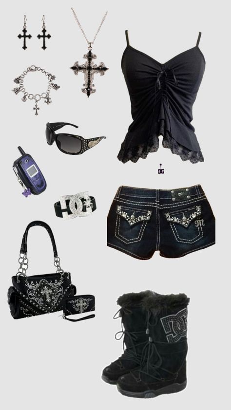 #00s #outfit #dc #blackfit #solo #music #y2k #alt #? Y2k Outfits Punk, Y2k Fashion Club, Y2k Outfits Woman, Black Y2k Outfit Women, Goth Outfits Y2k, Baddie Emo Outfits, Y2k Emo Fits, Y2k Outfits Female, Outfits With Dc Shoes