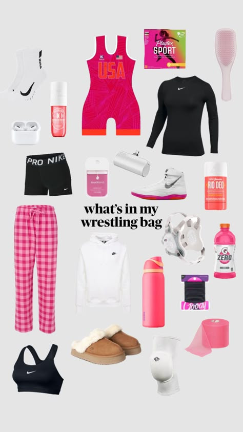 #wrestling #sports #preppy #whatsinmybag #beauty #outfitinspo #singlet #girlswrestling #soldejanero #nike #owala #rudis Wrestling Diet, Wrestling Workout, 27 Piece Hairstyles, Lax Girls, Wrestling Outfits, Volleyball Bag, Trening Sztuk Walki, Wrestling Gear, Preppy Inspiration