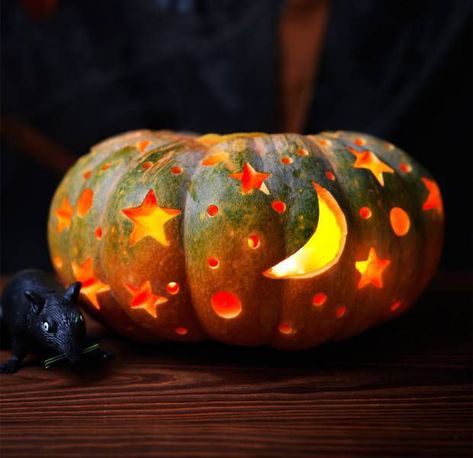 The best pumpkin designs to carve this... | Asda Good Living Celestial Pumpkin, Galaxy Pumpkin, Pumkin Carving, Easy Pumpkin Carving, Pumpkin Carving Designs, Pumpkin Designs, Halloween Pumpkin Designs, Halloween Facts, Halloween Pumpkins Carvings