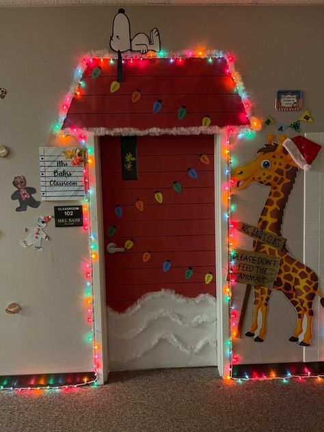 Christmas Decor For Daycare Room, Christmas Door Decorations Charlie Brown, Snoopy Classroom Door Christmas, Gingerbread House Teacher Door, Toddler Christmas Door Ideas, Charlie Brown Door Decorations, Christmas Hall Decorations For School, Decorating Classroom For Christmas, Door Decorations Classroom Winter