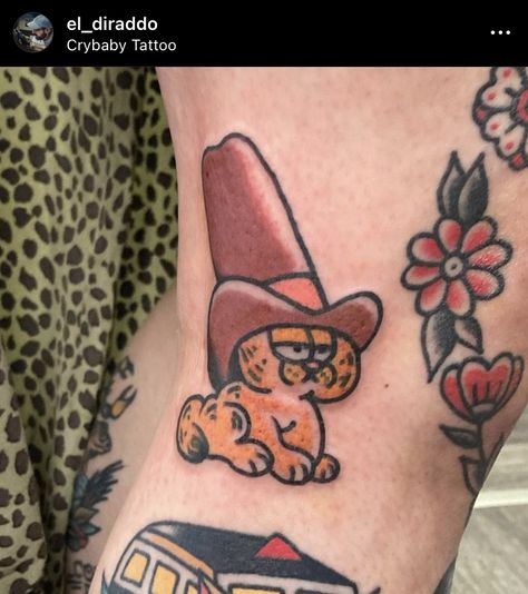 Random Traditional Tattoos, Traditional Garfield Tattoo, Gonzo Tattoo The Muppets, Small Garfield Tattoo, King Of The Hill Tattoo, Garfield Tattoo, Traditional Tattoo Leg Sleeve, Traditional Tattoo Man, Cute Henna Tattoos