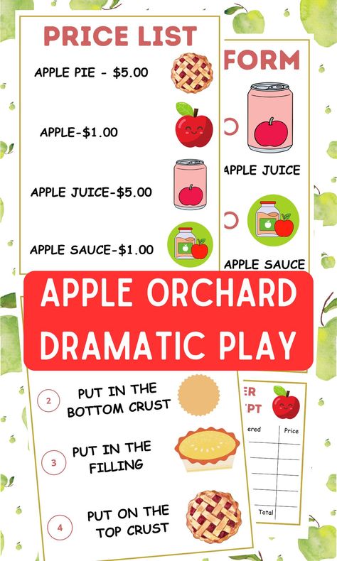 Apple Orchard Dramatic Play Printables Pack - In The Playroom Apple Orchard Preschool Dramatic Play, Apple Orchard Dramatic Play Free, Apple Dramatic Play Free, Apple Orchard Dramatic Play Printables Free, Apple Farm Dramatic Play, Free Printable Dramatic Play, Free Dramatic Play Printables, Apple Dramatic Play, Dramatic Play Printables Free