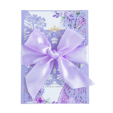 PRICES MAY VARY. Package include: 20 x Envelopes, 20 x Laser cut invitation cards, 20 x Blank inner sheets, 20 x ribbons. Size of kit: laser cut invitation pocket: 5.12x7.2 inch, inner sheet card: 5x7 inch, envelope: 5.35x7.7 inch, Ribbon: 29.5x1.5 inch Laser cut card: 250g thick paper hollow butterfly and flower pattern look lively and elegant. Inner paper customization: This invitation can be customized. We can provide design and printing service for the invitation. The invitation can be made Bridgerton Party Invitation, Purple Quinceanera, Invitation Pocket, Purple Quinceanera Dresses, Quince Invitations, Quince Decorations, Laser Cut Cards, Quinceanera Invitation, Laser Cut Invitation