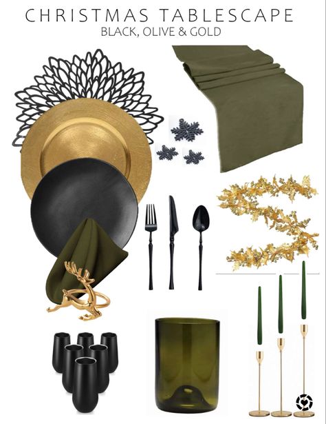 Modern Xmas Table Setting, New Year Table Setting Ideas 2023, Green And Black Thanksgiving Table, Black Dining Table Place Setting, Gold And Black Christmas Table, Dark Christmas Table Setting, Christmas Tablescape Black Plates, Christmas Table Black Plates, Black Tablecloth Christmas Setting