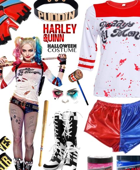 Diy Harley Quinn Costume For Women, Easy Halloween Costumes Scary, Harley Quinn Outfit Ideas, Harley Quinn Inspired Outfit, Harley Quinn Top, Harley Quinn Costume Diy, Harley Quinn Outfit, Harley Cosplay, Outfit Ideas Red