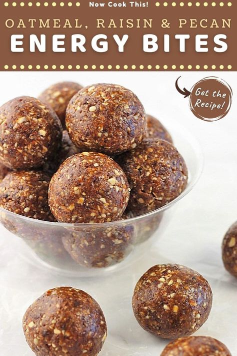 These no-bake energy bites (or energy balls) are super quick and easy to make and have all the yummy flavors of oatmeal raisin cookies. All you need are 6 simple ingredients: oats, raisins, pecans, vanilla, cinnamon, and a pinch of salt (there's no added sugar!). They're a healthy, delicious, and satisfying snack that you can feel good about enjoying! Get the recipe and give them a try! Rolled Oat Energy Balls, No Bake Oatmeal Raisin Energy Balls, Rolled Oats Energy Balls, Peanut Butter Raisin Energy Balls, Energy Balls No Nuts Protein Bites, Homemade Larabars, Oatmeal Balls, Fruit And Nut Bars, No Bake Energy Bites