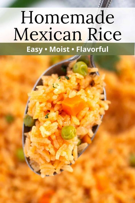 This Mexican Rice Recipe has it all! It’s fluffy, super flavorful, and a breeze to make with only 10 minutes of prep time and easy-to-find ingredients. Studded with peas and carrots, plus authentic flavor and color from chicken broth and tomato bouillon with just a little kick of spice from serrano peppers. The perfect side dish that’ll rival your favorite Mexican restaurant! Spanish Rice Authentic, Mexican Rice With Peas And Carrots, Instant Rice Mexican Rice Recipe, Authentic Mexican Rice Recipe Mexico, Mexican Rice With Vegetables, Mexican Restaurant Rice, Vegetable Rice Recipes, Fluffy Mexican Rice, Traditional Mexican Rice