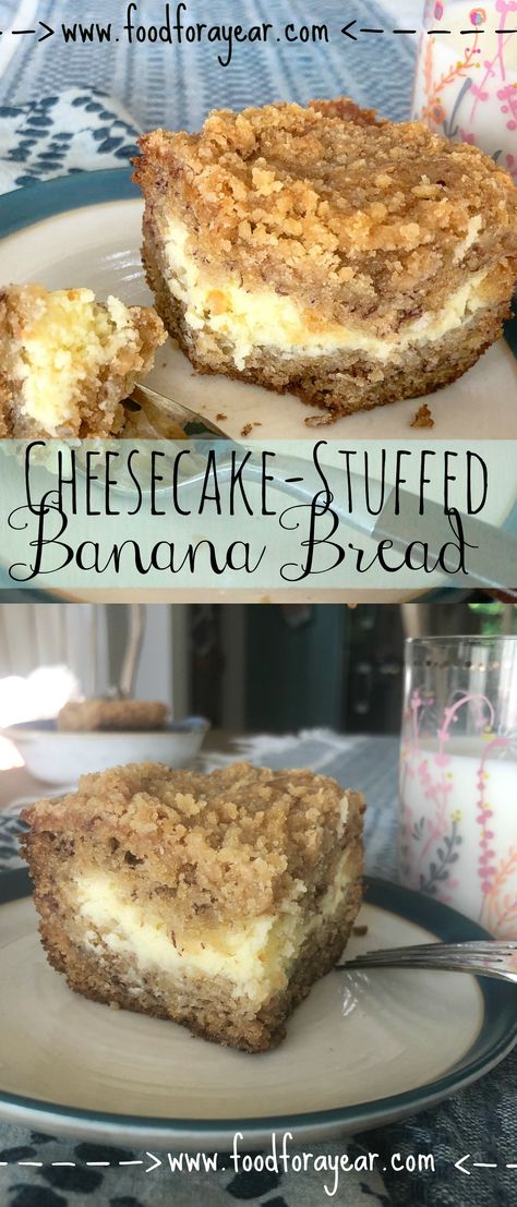 Banana Cheesecake Bread, Stuffed Banana Bread, Food For A Year, Banana Pudding Cheesecake, Banana Cheesecake, Bread Food, Savory Cakes, Banana Recipes, Banana Cake