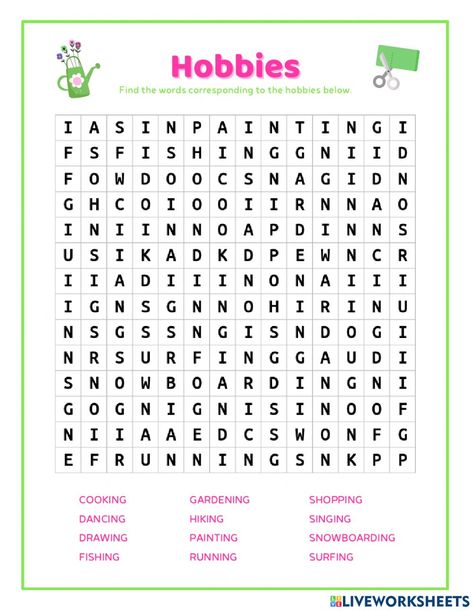 My Hobby Worksheet, Singing Drawing, Reading Worksheets, Word Search, Vocabulary, Hobbies