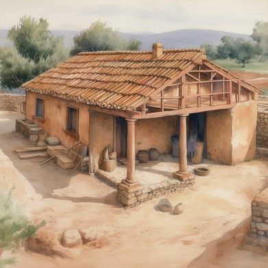 Ancient Greek House, Greek Homes, Greek Home, Greek Buildings, Large Storage Jars, Central Courtyard, Greek House, Building Illustration, Fire Cooking