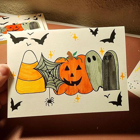 Hand drawn Halloween greeting cards and bookmarks available for purchase from my Etsy shop on 9/13! Halloween Card For Best Friend, Thanksgiving Drawings Ideas, Happy Halloween Cards Diy, Cute Halloween Cards For Boyfriend, Cute Halloween Cards Diy, Halloween Cards Handmade Ideas For Kids, Halloween Homemade Cards, Halloween Cards Handmade Ideas, Fall Card Ideas