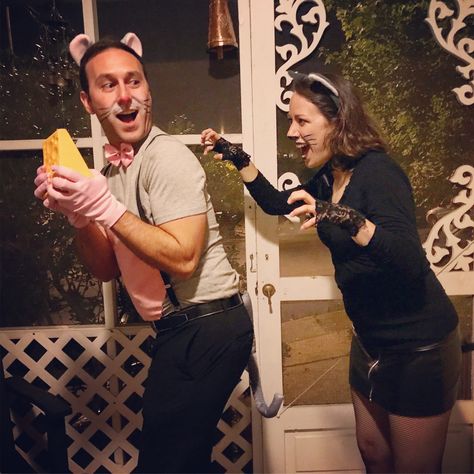 Cat and Mouse Couples Halloween Costume - Zach and Ellie 2018. Cat And Mouse Couple Costume, Cat And Mouse Costume Couple, Cat Couple Costume Halloween, Cat And Mouse Halloween Costume, Cat Couple Costume, Cat And Mouse Costume, Partner Halloween Costumes, Black Cat Halloween Costume, Black Cat Costumes