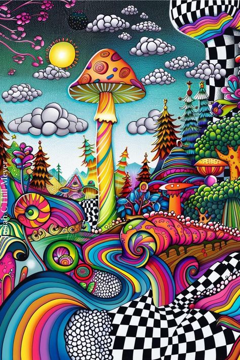 Psychodelisch Art Mushroom, Physcadelic Art Patterns, Psychadelic Art Doodle, Trippy Doodle Art, Trippy Art Ideas, Psychodelisch Art, Funky Art Style, Trippy Mushroom Painting, Art Trippy