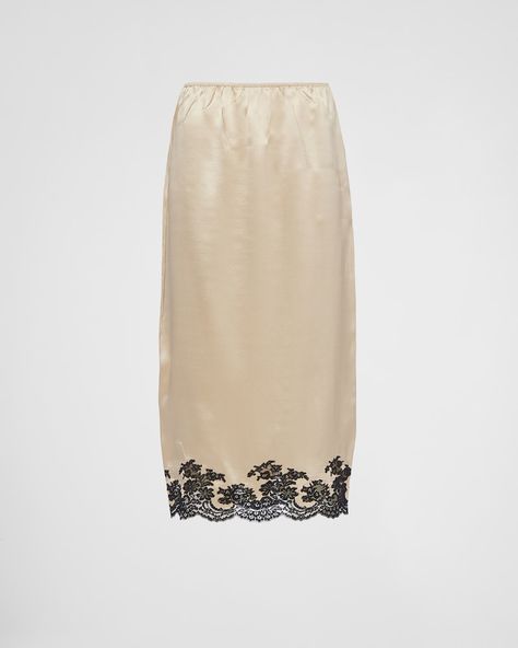 Desert Beige Satin crepe and lace midi-skirt | Prada Satin And Lace Skirt, Designer Pajamas, Lace Midi Skirt, Style Reference, Long Denim Skirt, Floral Midi Skirt, Mid Length Skirts, Women Essentials, Lace Midi