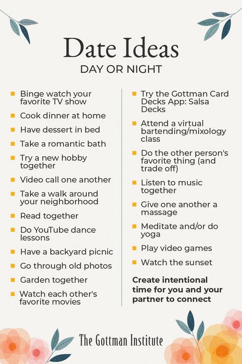 In our Gottman Relationship Blog post "6 Hours a Week to a Better Relationship," Dr. John Gottman recommends couples dedicate at least two hours per week for leisurely, romantic time together. There's no single blueprint all couples should follow for dates — your "we time" will be based on your unique relationship, interests, and circumstances. What's your favorite "date" you've ever been on with your partner? Different Types Of Couple Dates, Relationship Blog Post Ideas, Monthly Couple Check In, 8 Dates John Gottman, Relationship Milestones Timeline, Day Dates For Couples, Ideas For Couples To Do Together, Things Couples Can Do Together At Home, Couple To Do List Ideas