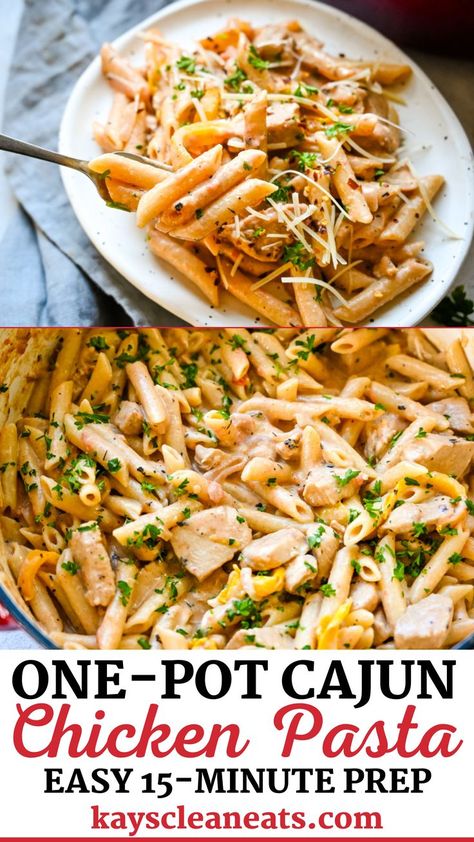 This recipe for one-pot cajun chicken pasta makes dinner a breeze. Made with penne pasta, veggies, and chicken all coated in the most delicious creamy cajun sauce. This pasta is the perfect weeknight meal, so delicious! Pasta ohh pasta, I feel like it’s taken over the social media space lately and I love to see it. | @kayscleaneats #cajunpasta #easycajunpasta #easyfamildinnerrecipes #cajunchickenpasta #easyfamilydinnerrecipes One Pot Cajun Chicken Pasta, Easy Cajun Chicken Pasta, Creamy Cajun Sauce, Chicken Breast Pasta, Pasta Veggies, Chicken Penne Pasta, Cajun Chicken Pasta Recipes, Cajun Sauce, Chicken Penne