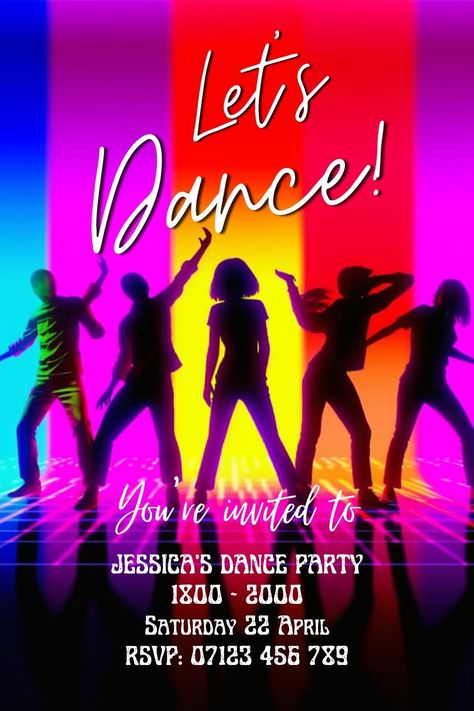 LETS DANCE and get Boogying - this funky design is all about the dance party. You can use this as a digital invitation or you can print out. Check out our website for more information. Dance Invites High School, Birthday Party Disco, Dance Party Theme, Dance Invitation, Dance Birthday Party, Dance Cards, Dance Party Invitations, Dance Party Birthday, Ball Dance