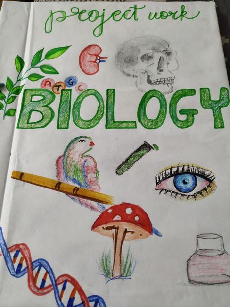 Biology handmade project file/ notebook cover idea Biology Portfolio Cover, Bio Front Page Design, Biology Notebook Cover Ideas, Biology File Cover Decoration, Bio Project Cover Page, Biology Border Design, Biology Project Cover Page Ideas School, Biology Project Front Page Design, Biology Cover Page Design