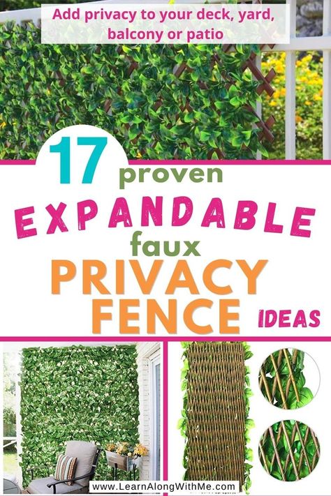 17 proven expandable faux privacy fence ideas. Do you want a quick privacy fence solution? Check out these expandable faux privacy fence products. Just stretch them out, tie them to your existing fence or deck railing, and you'll instantly have a more private yard or deck.
Some of the option in this list include products with artificial ivy leaves, some with faux laurel leaves, some with fake ficus leaves, and more ideas.

#privacyscreen  #expandablefauxprivacyfence Outdoor Fence Privacy Ideas, Expandable Fence With Leaves, Expandable Privacy Fence, Faux Ivy Privacy Screen, Faux Plant Privacy Screen, Faux Ivy Privacy Screen Fence Ideas, Diy Fence Cover Up, Quick Privacy Fence, Patio Fence Ideas Yard Privacy