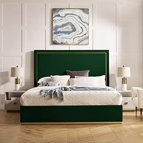 Contemporary King Bed, Contemporary Platform Bed, Bed Frame Sets, Low Profile Platform Bed, Glam Furniture, Beige Bed, Trendy Furniture, Velvet Bed, Grey Bedding