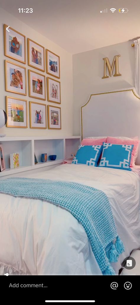 The Leroys Youtube House, Vibrant Room Ideas, Greek Dorm Room, Bama Dorm Room Ideas, Above Dorm Bed Decor, Pink Blue And White Dorm Room, Sorority House Room Ideas, Dorm Room Pastel Colors, University Of Tampa Dorm