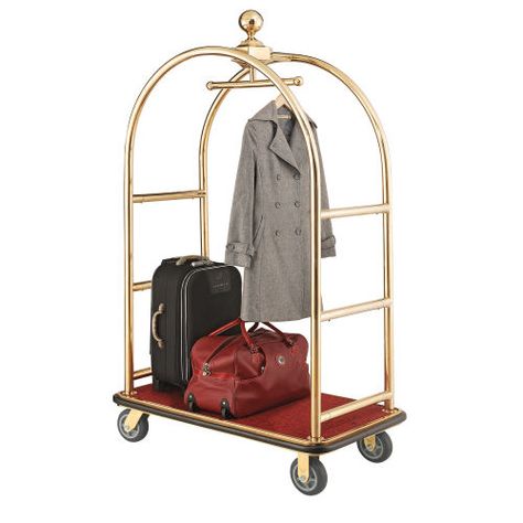 Trucks & Carts | Luggage/Hotel Carts | Best Value Gold Stainless Steel Bellman Cart Curved Uprights 6" Rubber Casters | 985118GD - GlobalIndustrial.com Industrial Carpet, Retail Clothing Racks, Hanging Wardrobe, Gold Wheels, Deck Colors, Steel Deck, Luggage Trolley, Material Handling Equipment, Hotel Lobby