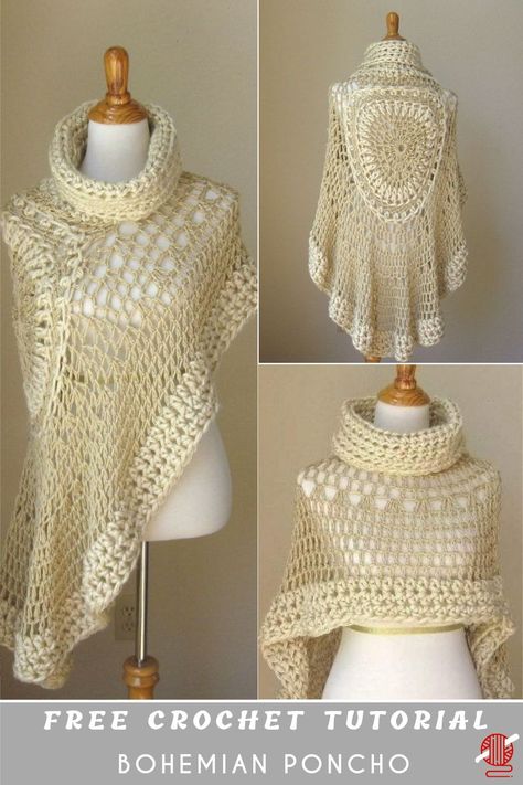 Miracle Angel Crochet Poncho Scarf Free. This beautiful project has a name  "Beige Bohemian Poncho", supposedly.This extremely beautiful poncho. Unfortunately, when we tried to figure out the source free pattern we can't find it. But it has several realizations therein with the tutorials, video, and pictures. Both we presented. Enjoy. One Arm Sweater, Poncho Pattern Free, Free Crochet Shawl Patterns, Poncho Scarf, Granny Square Haken, Crochet Charts, Crochet Poncho Free Pattern, Poncho Crochet, Gilet Crochet