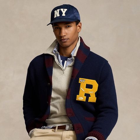 This shawl-collar cardigan features a chenille “R” patch at the chest that is detailed with “NY” embroidery and varsity-inspired plaques. Men's Winter Style, Preppy Aesthetic Ivy League, Ralph Lauren Aesthetic Men, Polo Ralph Lauren Aesthetic, Ralph Lauren Americana, Collegiate Aesthetic, Letterman Cardigan, Lacoste Outfit, Ralph Lauren Menswear