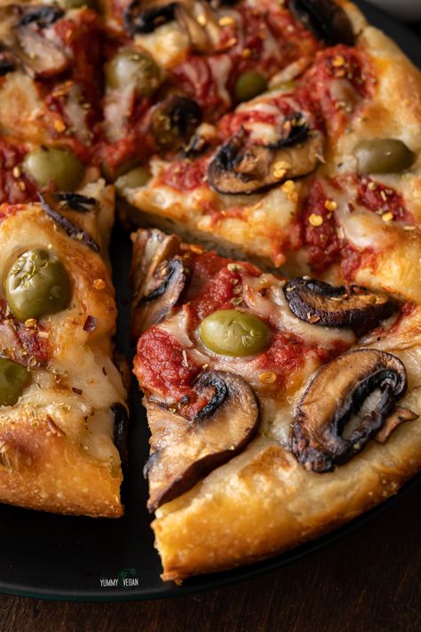 Pan Pizza w/ Green Olives & Mushrooms — The Yummy Vegan Pizza With Green Olives, Green Olive Pizza, Taco Stromboli, Olive Pizza, Mushroom Pizza, Veggie Pizza, Black Olives, Stuffed Banana Peppers, Vegan Pizza