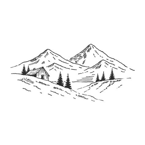 House In Mountains, Mountain Sketch, Harry Potter Art Drawings, Camera Tattoo, Mountain Drawing, Trees Landscape, Mountain Tattoo, Sketch Style, Lake Landscape