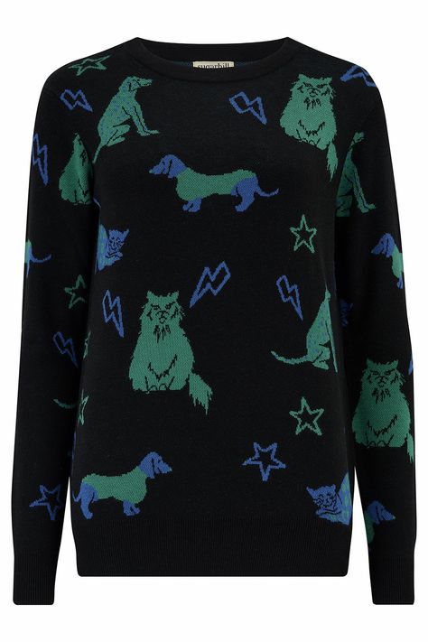 Welcome to the Petclub! Our Limited Edition Collection of animal print styles inspired by our fluffy friends. Finishing mid-hip, the crew-neck Rosie design combines our bestselling semi-fitted Rita Jumper shape with heavier double-knit yarn and statement all-over intarsia 'picture knitting' designs. The design features large cats, dogs, lightning bolts, and stars in green and blue on a black base. Chloe is 5'9" and is wearing a size 10 Maia is 5'8" and is wearing a size 18 Co-models Sugarhill st Picture Knitting, Lightning Bolts, Brand Magazine, Animal Print Fashion, Large Cats, How To Make Clothes, Double Knit, Black Cats, Cats Dogs