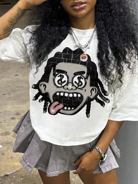 Graphic Tee Outfit Black Women, Cute Oversized Shirts, Shein Shirts, Outfits Black, Ținută Casual, Tee Outfit, Inspiration Mode, White Casual