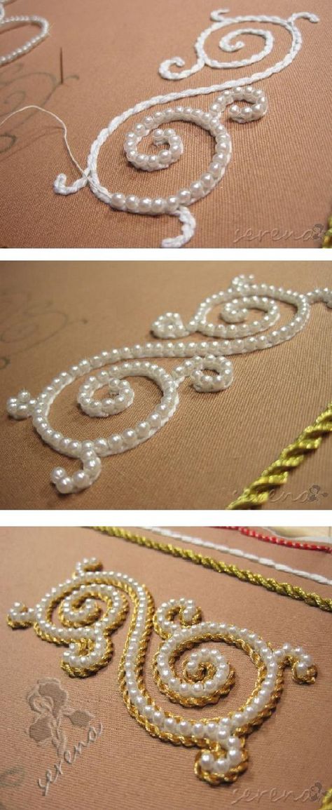 Traditional Russian Pearl-embroidery beading. Bel, then pearls, then gold cord. Sulam Manik, Tambour Beading, Pearl Embroidery, Tambour Embroidery, Pola Sulam, Embroidery Designs Fashion, Embroidery Fabric, Embroidery Fashion, Embroidery Inspiration