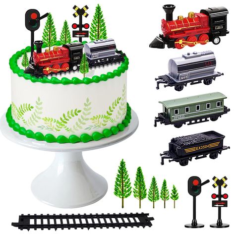 PRICES MAY VARY. 【Train Birthday Cake Decoration Set】:Package comes with 13pcs train theme cake toppers include 4pcs small toy trains, 5pcs tree cake toppers, 2pcs small railway cake toppers, 2pcs signal traffic lights cake topper,with real looking, enough for your themed party decorations 【Train Railroad Theme Party Decoration】: Train cake ornaments prefer lover by adults and children, or traffic train fans, these railway theme cake toppers will be nice decorations for the railway train transpo Train Birthday Party Decorations, Train Theme Party, Train Party Favors, Train Theme Birthday Party, Kids Cake Toppers, Train Birthday Cake, Paw Patrol Birthday Cake, Train Birthday Party, Train Cake