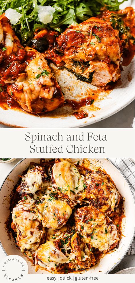 Turn your usual chicken dinner into something special with this Spinach and Feta Stuffed Chicken recipe! It features fresh spinach, two types of cheese, and tender chicken baked to perfection! Spinach And Feta Stuffed Chicken, Spinach Feta Chicken, Feta Stuffed Chicken, Chicken Primavera, Feta Stuffed Chicken Breast, Stuffed Chicken Recipe, Delicious Chicken Dinners, Feta Chicken, Chicken Baked