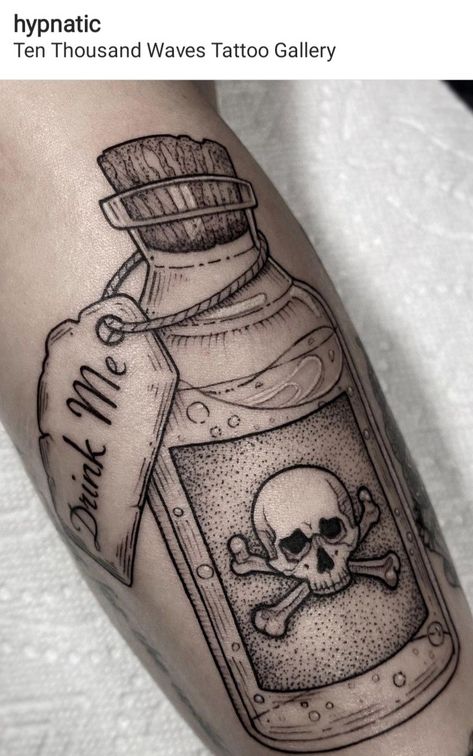 Drink Me Potion Tattoo, Poison Jar Tattoo, Rum Bottle Tattoo, Poison Bottle Tattoo Design, Witchy Sketchbook, Vial Tattoo, Flask Tattoo, Poison Bottle Tattoo, Potion Tattoo