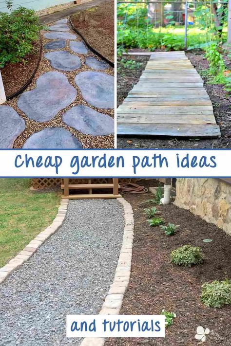 Grab inspiration from these 15 easy garden walkways and helpful tutorials. These DIYers made their own garden walkways using stepping stones, a gravel walkway, on a slope, for the front of the house and cottage. Some are modern and some charming and rustic. Take a look at all the affordable options and choose which of these pathways works best for your outdoor space. #curbappeal #easyyardideas #landscapeideas #diyyardproject #artsyprettyplants Cheap Garden Path, Reclaimed Brick Garden, Diy Pathway, Garden Path Ideas, Gravel Walkway, Landscape Timbers, Pebble Garden, Backyard Walkway, Cheap Garden