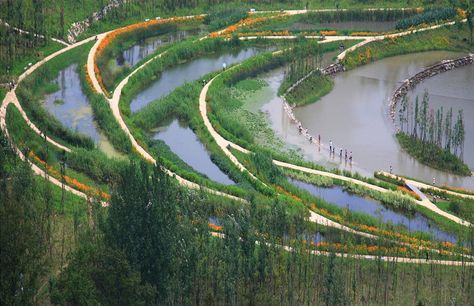 Liupanshui Minghu Wetland Park by Turenscape. Photography © Kongjian YU. Click above to see larger image. Wetland Park, Riverside Park, Landscape And Urbanism, Landscape Garden, Water Management, Rain Garden, Parking Design, Tianjin, Garden House