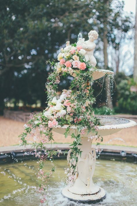 Fountain With Flowers Wedding, Fountain Flowers Wedding, Fountain Florals, Floral Fountain, Fountain Flowers, Gabbinbar Homestead, Harley Wedding, Wedding Arbors, Baroque Decor