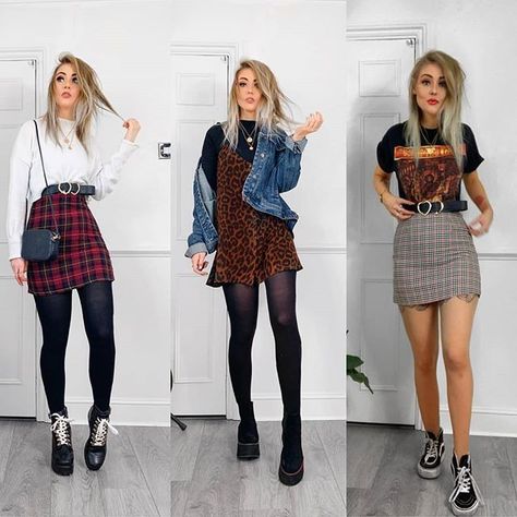 90s Grunge Outfits Women, Curvy Grunge Outfits 90s, 90 Grunge Outfits, 90s Grunge Outfits Skirt, Cute Alternative Outfits, Grunge Floral Dress Outfits, Tights And Skirt Outfit Grunge, Grunge Chic Outfits, Grunge Outfits Plaid Skirts