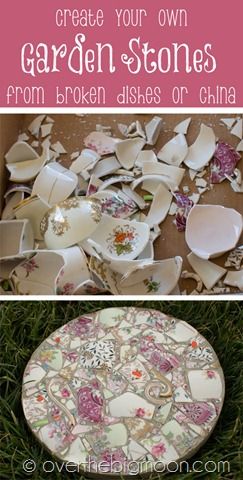 Garden stones.  Love these but I would use the other method I have posted use a cake tin as a mould) to make them Broken China Crafts, Unique Garden Art, Jardim Diy, China Crafts, Garden Stepping Stones, Dry Creek, Have Inspiration, Diy Art Projects, Garden Art Projects