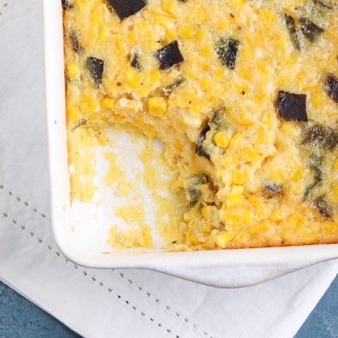 Poblano Corn Casserole - A delicious but lightened up recipe! #sidedish #corn #corncasserole #healthyrecipes Poblano Corn, Roasted Poblano Peppers, Roasted Poblano, Cream Style Corn, Poblano Peppers, Corn Pudding, Corn Casserole, Creamed Corn, Stuffed Poblano Peppers